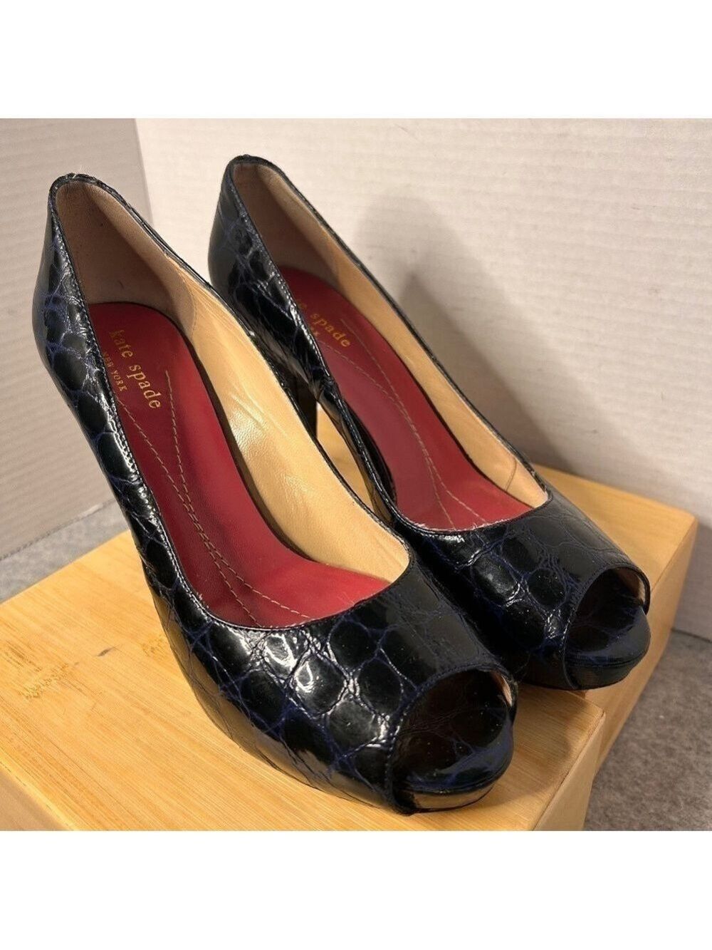 Kate Spade Women Shoe Faux Animal Print Open Toe Pump Blue Sz 7.5M Made in Italy